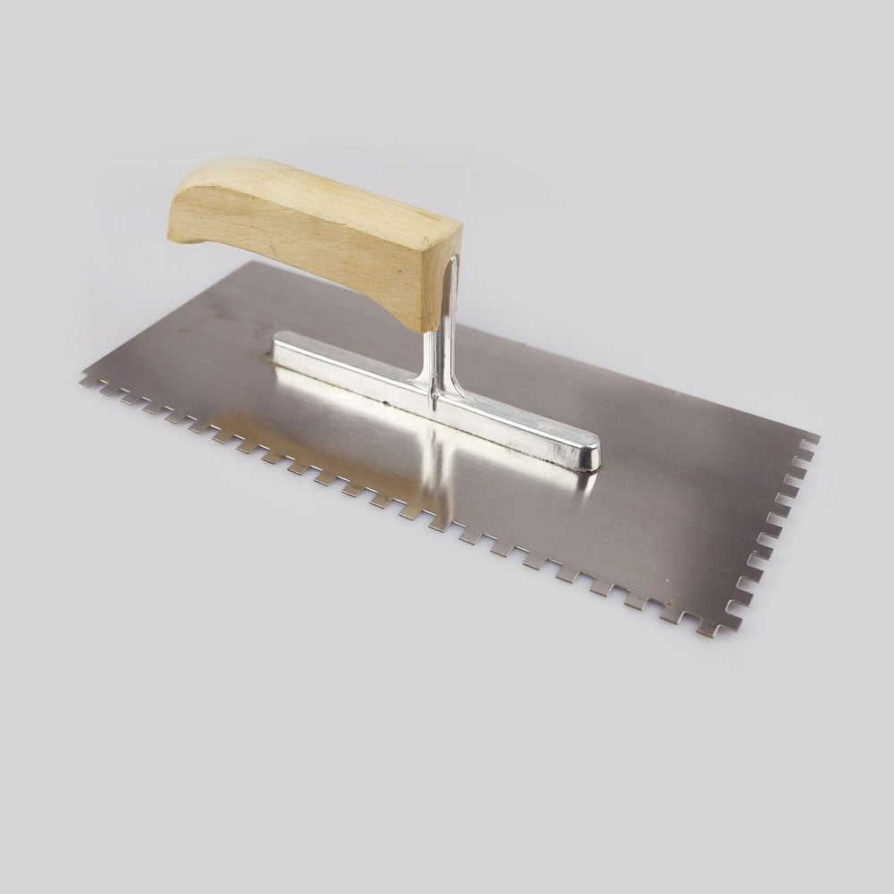Zahnkelle aus Edelstahl – Fliesen-Zahnspachtel mit Gummi / Holz Griff - Glätte
