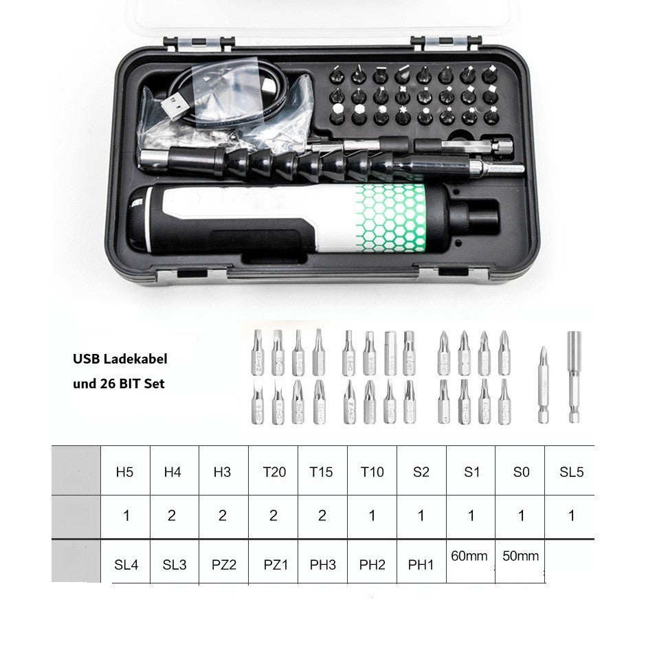 Mini Akkuschrauber Akkubohrschrauber inkl 30er Bitset 3,6 V Li-Ion Akku mit LED