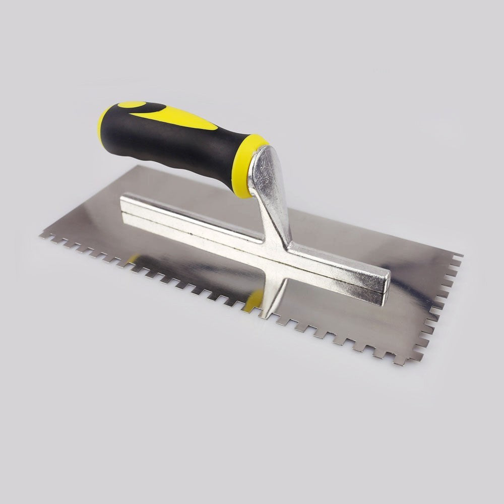 Zahnkelle aus Edelstahl – Fliesen-Zahnspachtel mit Gummi / Holz Griff - Glätte